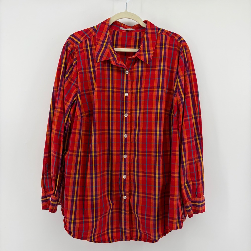 Woman Within Womens 1X Red Multi Plaid Button Down Shirt‎ Cotton Long Sleeve